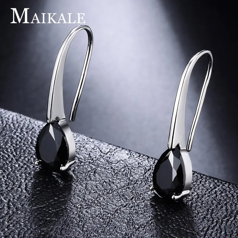MAIKALE, новинка, модные серьги-гвоздики, белые, черные, кубический цирконий, золотые длинные серьги, крючки для женщин, ювелирное изделие, подарок, Brincos Bijoux - Окраска металла: BLACK SILVER