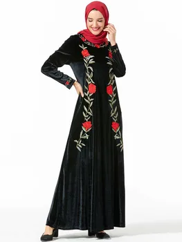 

Dubai Arab Muslim Dress Women Floral Embroidery Velvet Abaya Middle East UAE Turkey Kimono Party Islamic Clothing Long Vestidos