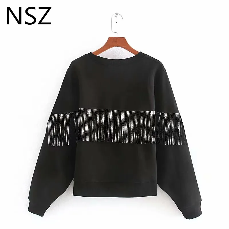 NSZ женские черные флисовые фуфайка с кисточками круглый воротник оверсайз пуловеры заклепки модные толстовки Верхняя одежда Топ