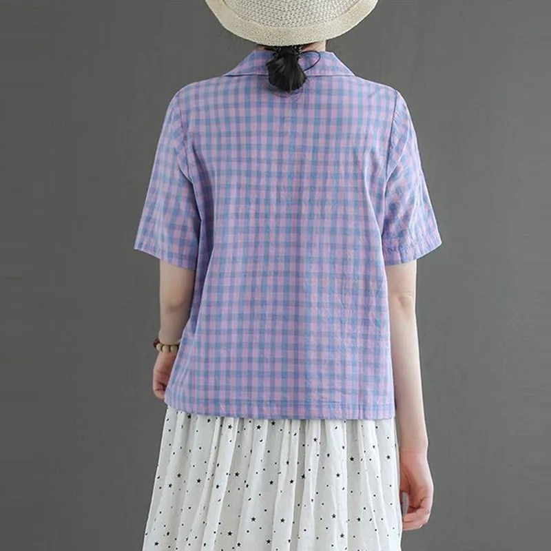 Blouses Shirts Women Summer Casual Plaid Tops New 2020 Korean Style Turn-down Collar Female Vintage Blouse High Quality P990 4