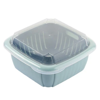 

3Pcs Double-Layer Plastic Drain Basket Storage Basket with Lid for Household Kitchen Storage Box Light Blue + Dark Blue