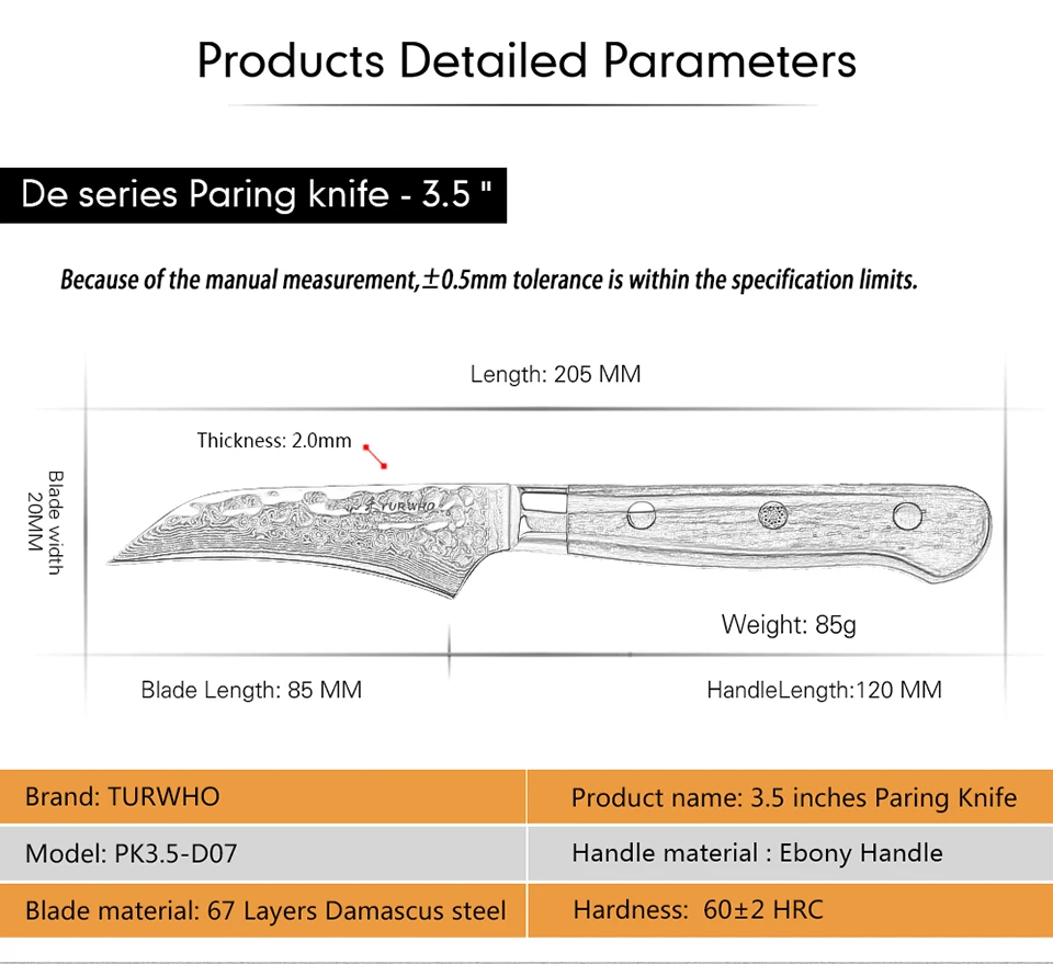 TURWHO 3,5 дюймов птицы клюв нож для очистки овощей японский Дамасская сталь острые кухонные ножи Ebony Ручка фруктовый пилинг нож