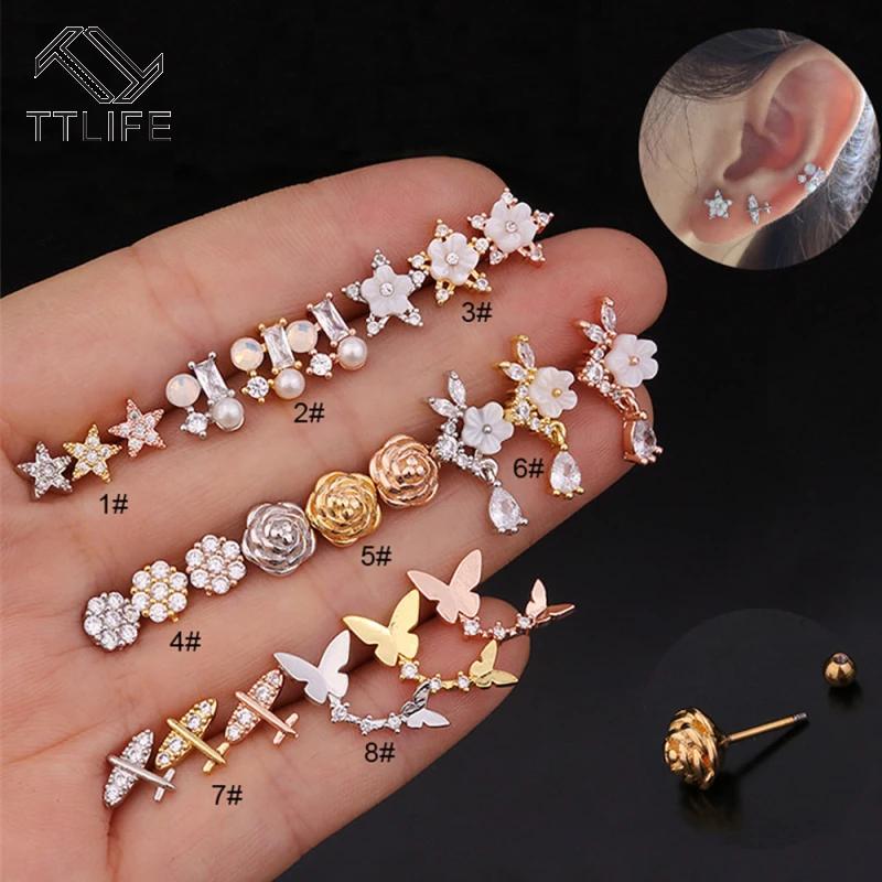 

TTLIFE Creative Flower Earrings Stainless Steel Cartilage Earring for women Helix Piercing Jewelry Conch Rook Lobe Tragus Stud