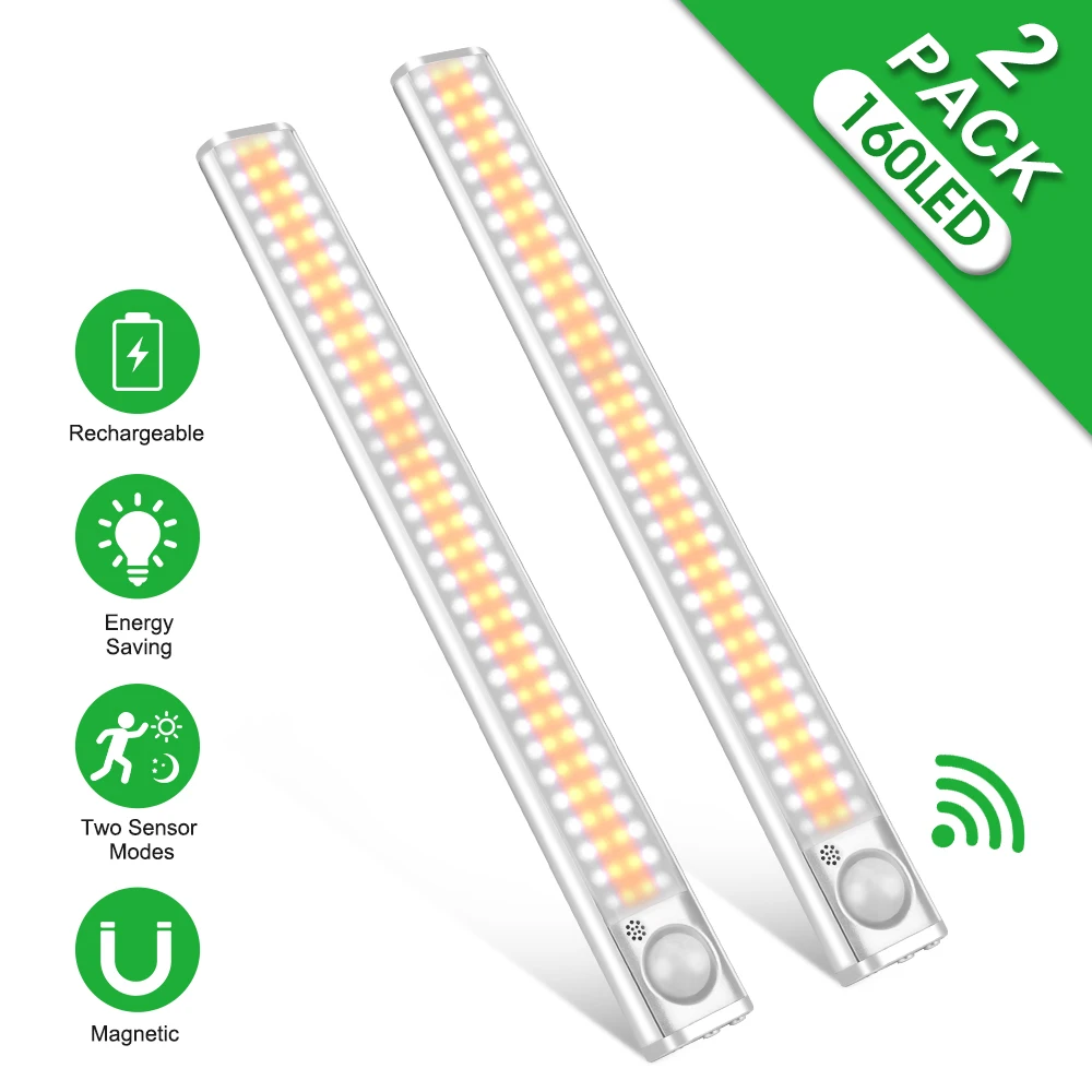 LED Closet Light 160 LEDs Lamp with Motion Sensor Light Kitchen Lighting USB Rechargeable Under Cabinet Lights for Bedroom