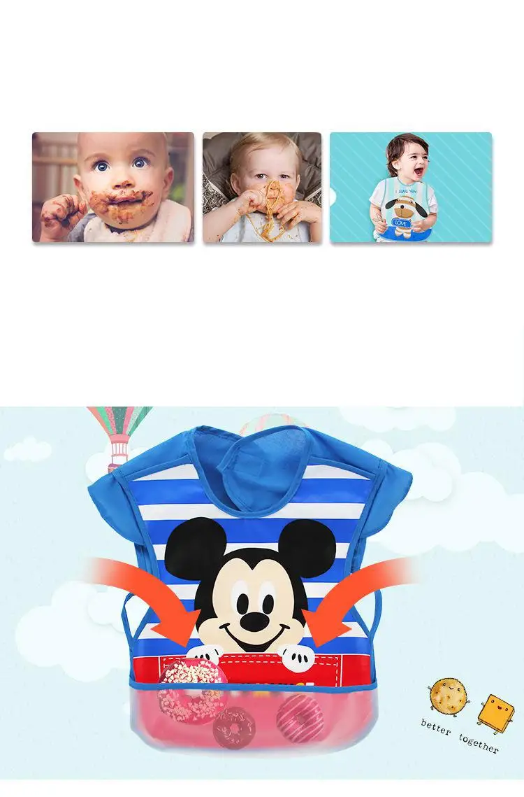 Disney Baby Boy Bibs Waterproof Short Sleeve Mickey Minnie Girl Bibs Kids Burp Cloth Feeding Bib with Pocket Child Apron Smock