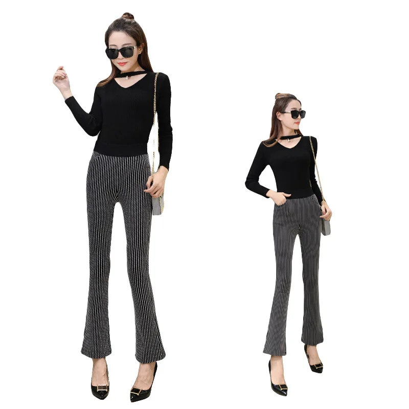 

2019 Spring New Style Black And White Vertical Striped WOMEN'S Pants Slimming Micro Bell-bottom Pants Women's High-waisted Large