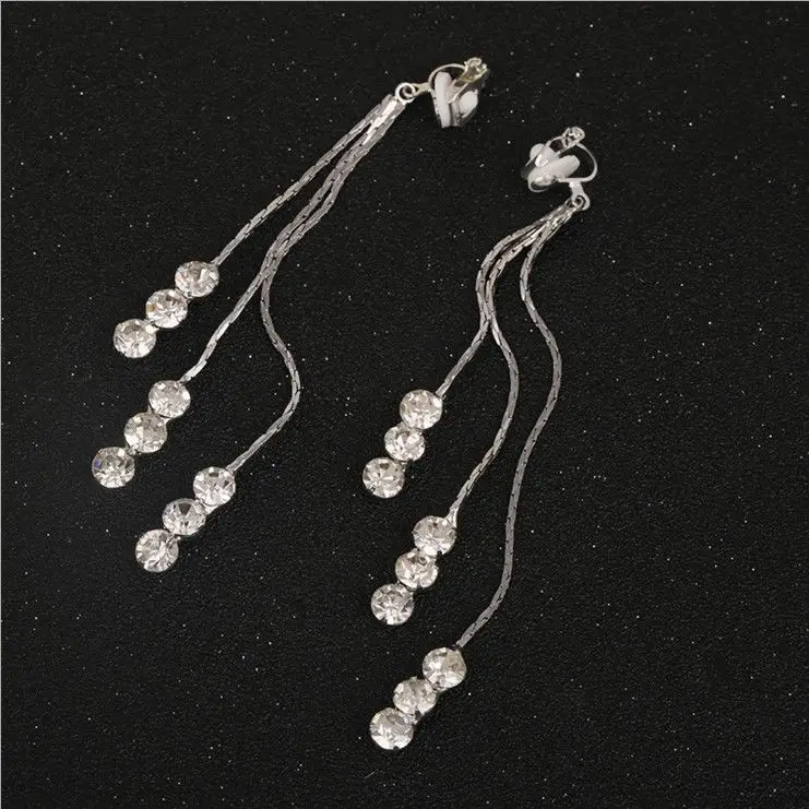 Classic Luxury Bridal Rhinestone Round Shape Long Tassel Clip on Earrings Non Piercing for Women ear clip earrings clip earrings ear clip ear accessories