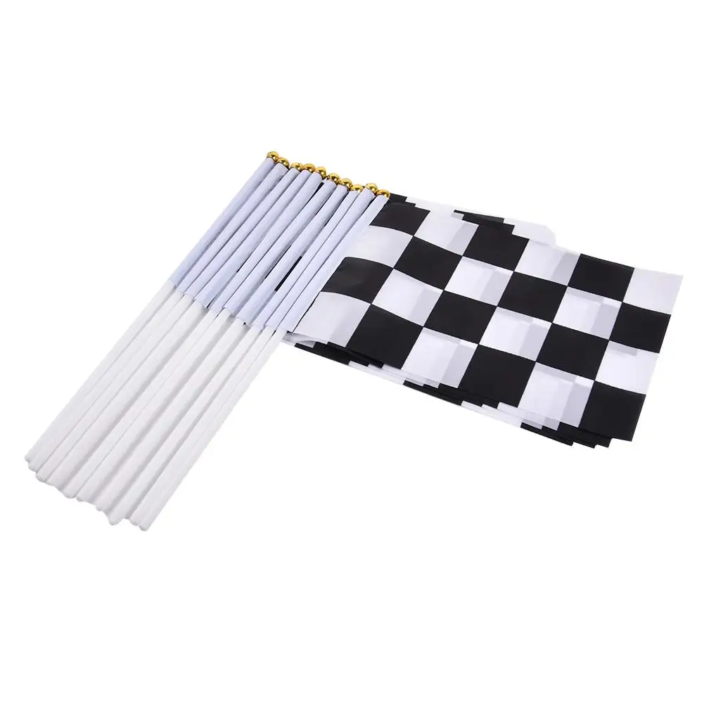 10pcs Checkered Racing Stock Car Flag 14*21cm HandHeld Mini Flag With White Pole Vivid Color And Fade Resistant- Hand Held