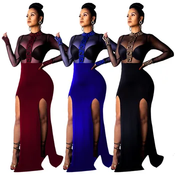 

Women Dress Long Sleeve Screen Perspective Two Side Open See Through Dress Elegant Club Dress Night Party Clubwear Sexy Dresses