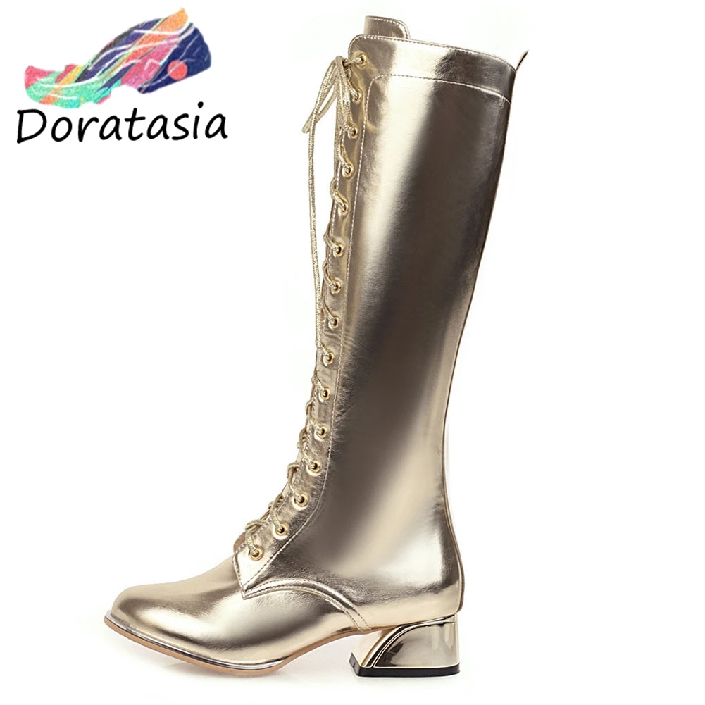 

DORATASIA Ins Hot Girl Round Toe Lace Up Mid Calf Boots Spring Autumn Boots Women 2020 Metallic Silver Shoes Woman