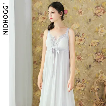 

Women's Palace Sleeping Dress Summer Modal Sexy Lace Princess Vintage Nightgowns Solid Nighty for Ladies Chest Pads Sleepshirt