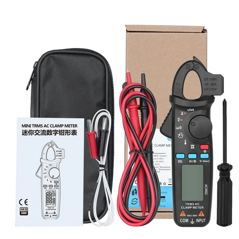 

ACM82 Mini Digital Clamp Meter Multimeter True RMS Auto Range AC/DC Volt Amp Ohm Frequency Temperature NCV Tester