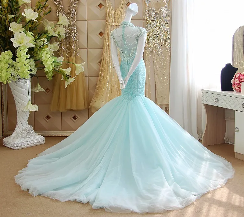 Robe de soiree, с высоким воротом, небесно-голубое кружевное платье-Русалка для выпускного,, прозрачные сзади, на заказ, с жемчугом, вечерние платья для матери невесты
