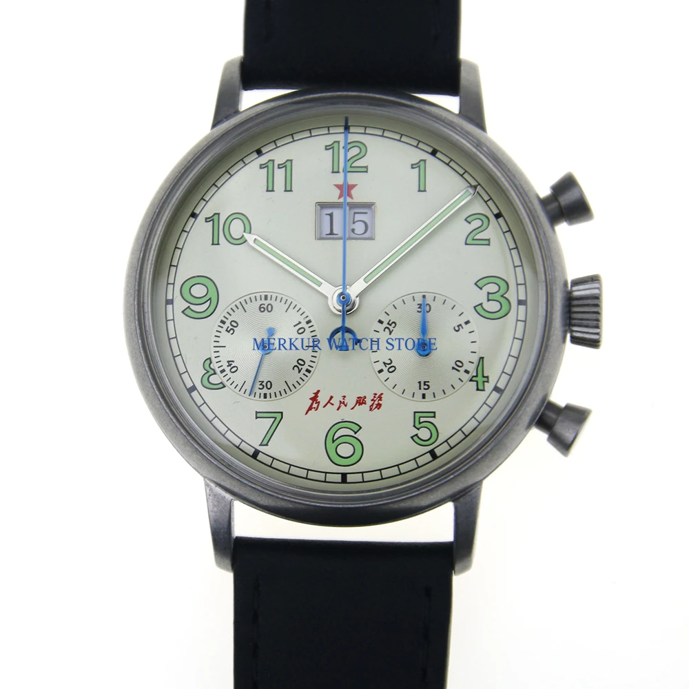 

Red Star Mens Big Date Pilot Watch Mechanical Chronograph For Seagull Movement Flieger B-uhr Serve the People Calendar