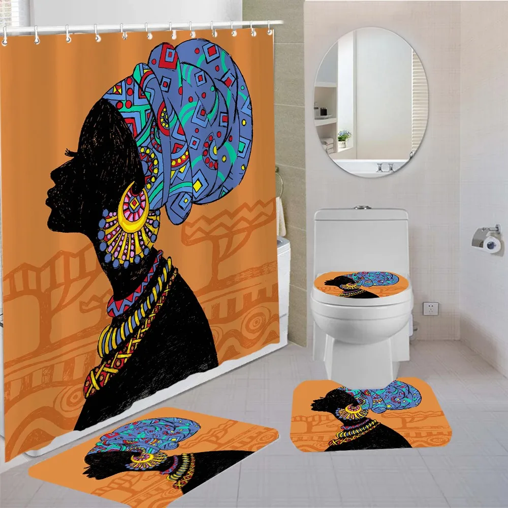 African Black Woman Shower Curtain Set 4pcs Polyester Bathroom Girls Modern Home Decor Bath Rug Anti-slip Carpet | Дом и сад