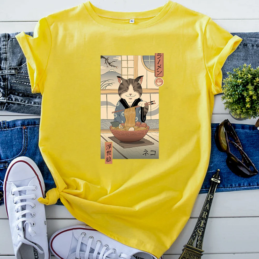 Kitten Eating Ramen Ukiyoe T-Shirt Personality Printing T Shirt Woman Funny Kawaii Womens Tshirtoversize Fashion Women Clothes
