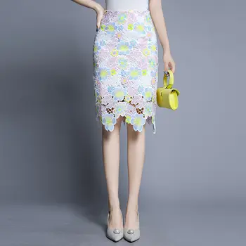 

Women High Waist Pencil Skirts 2020 Spring Summer Crochet Hollow Our Floral Lace Elegant Tube Office Lady Skirt saias