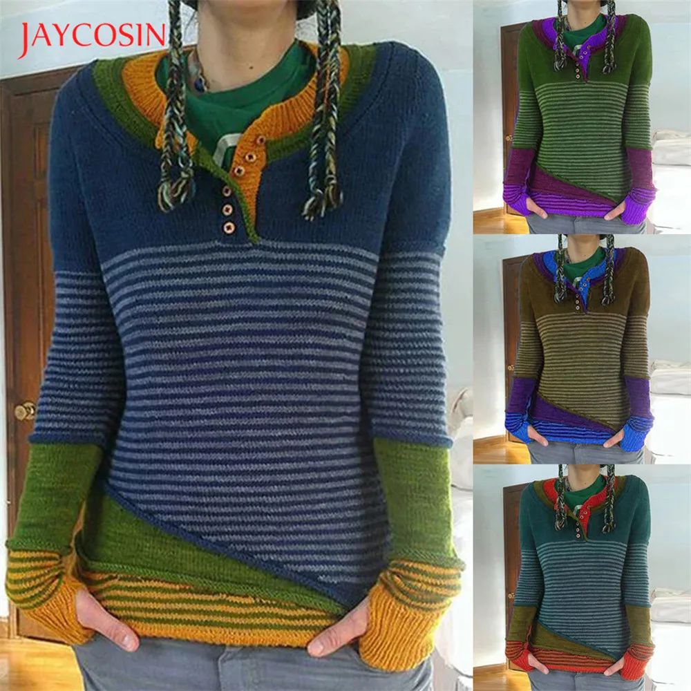 Joycosin, винтажный Модный женский свитер, с круглым вырезом, на пуговицах, пуловер, вязаный, облегающий свитер, в полоску, из кусков, женские топы, теплые