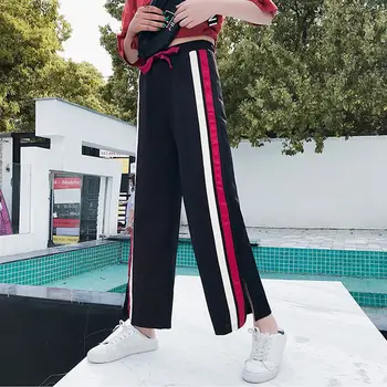 

Fashion Sid Stripe Patchwork Trousers for Women Casual Wide Leg Pants Female Loose Straight Pantalon Femme M-XXL