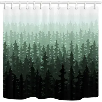 

Rustic Nature Forest Landscape Decor, Watercolor Pine Trees Shower Curtains for Bathroom, Polyester Fabric Farm House Fog Bath