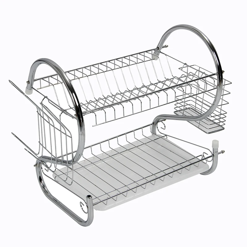 HLZS-New 2 TIER CHROME PLATE DISH CUTLERY CUP DRAINER RACK DRIP TRAY PLATES HOLDER