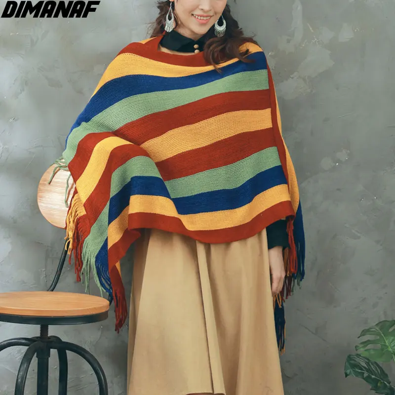 

DIMANAF 2021 Plus Size Women Sweaters Knitting Bat Striped Tassel Blanket Casual Vintage Pullover Shawl Loose Scarf Sweater