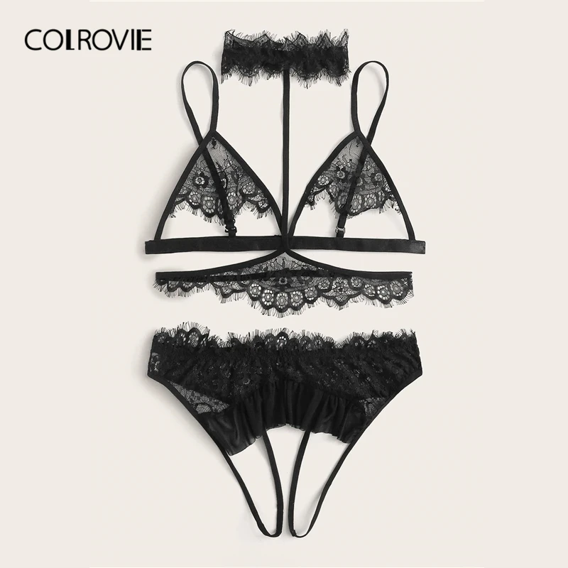 COLROVIE, черное кружевное белье в цветочек, набор с чокером, женские прозрачные Bralettes нижнее белье, одноцветные сексуальные комплекты, стильный женский комплект с бюстгальтером
