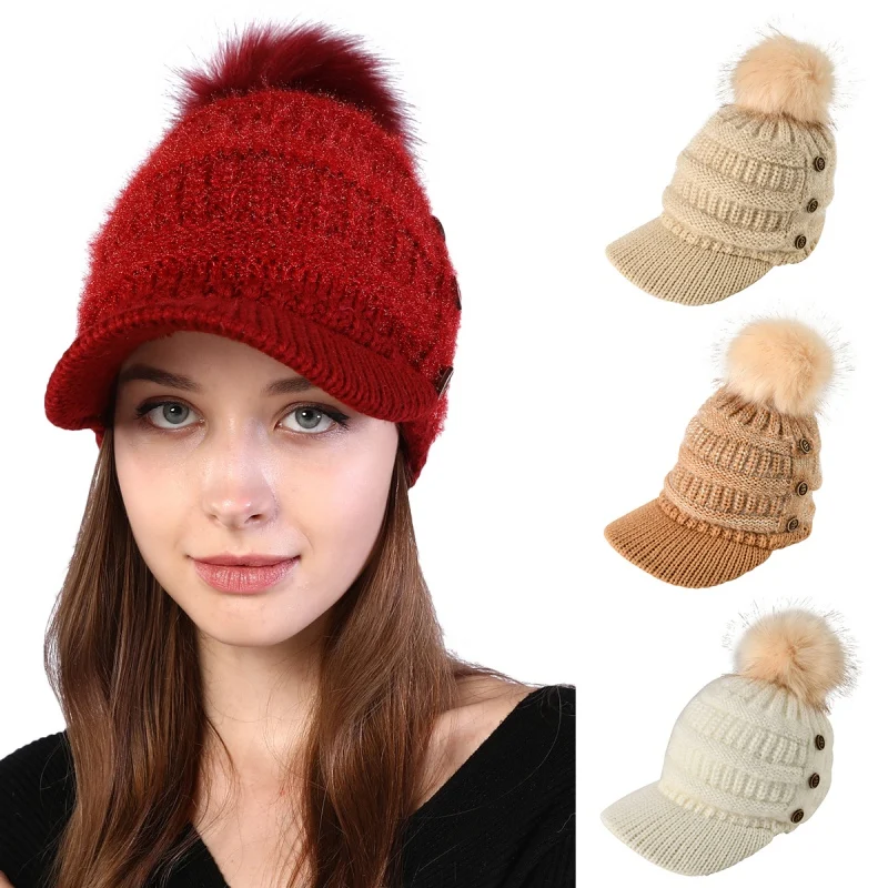 Помпон кнопки для меха одноцветная шапка Gorros женская вязаная зимняя теплая Дамская уличная Толстая вязаная теплая шапка козырьки