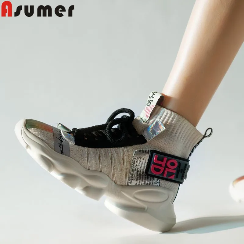 

ASUMER 2020 new ankle boots round toe stretch boots casual flat platform shoes ladies autumn winter boots big size 35-42