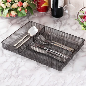 

Storage basket 5-Compartments Mesh Metal Forks Spoons Knives Utensil Storage Basket Cutlery Flatware Desktop&Tray Organizer