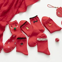 Красные носки, носки на год, женские носки без пятки с вышивкой мыши, кружевные топтые фигурки, чёсаный хлопок, женские носки без пятки, Femma Lady