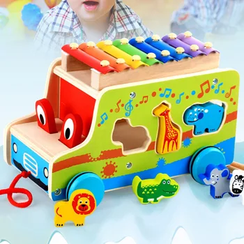 

New Wooden Xylophone Music Instrument Trailer Car Shape Animal Puzzle Block Toys Children Musical Instrument Early Education Toy