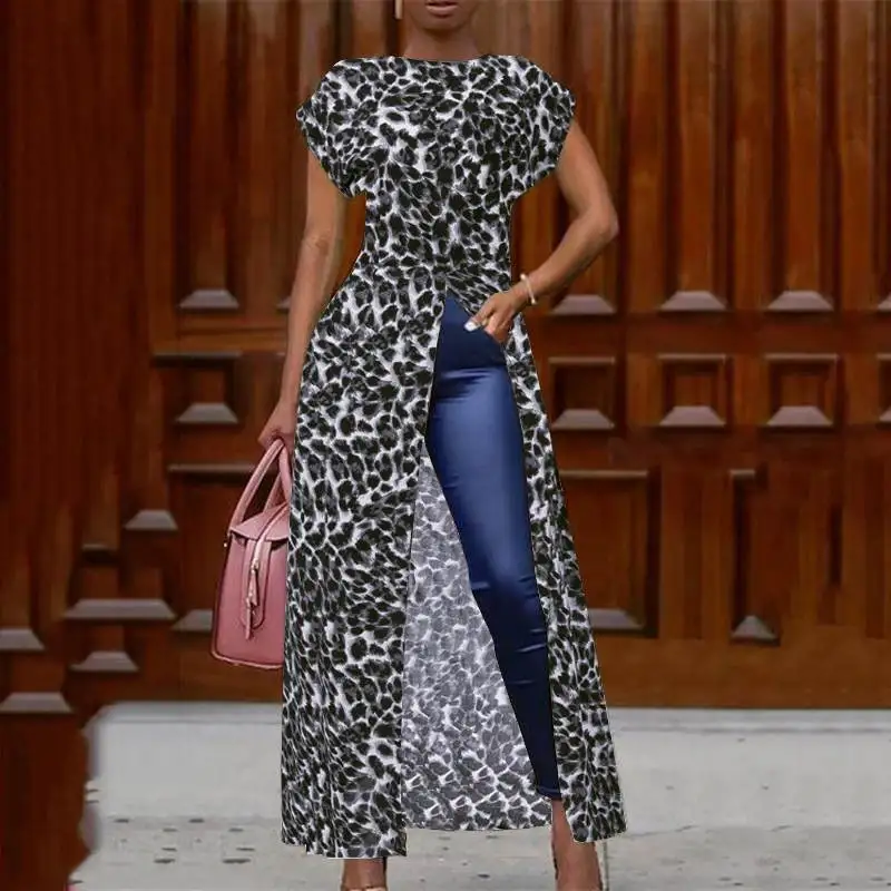 Модная леопардовая Vestidos ZANZEA женская блузка с разрезом и принтом, короткий рукав, Blusas, макси летнее платье, Повседневная Туника большого размера 5XL - Цвет: Серый