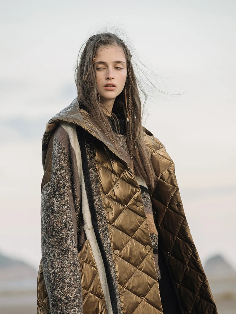 IRINACH58 Новая коллекция длинное шерстяное пальто больших размеров с капюшоном зимняя женская куртка-пуховик на белом утином пуху
