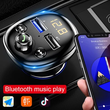 

Black FM modulator Bluetooth 5.0 Chip with QC3.0 fast charger Dual USB TF U Disk music player Handsfree Car Kit