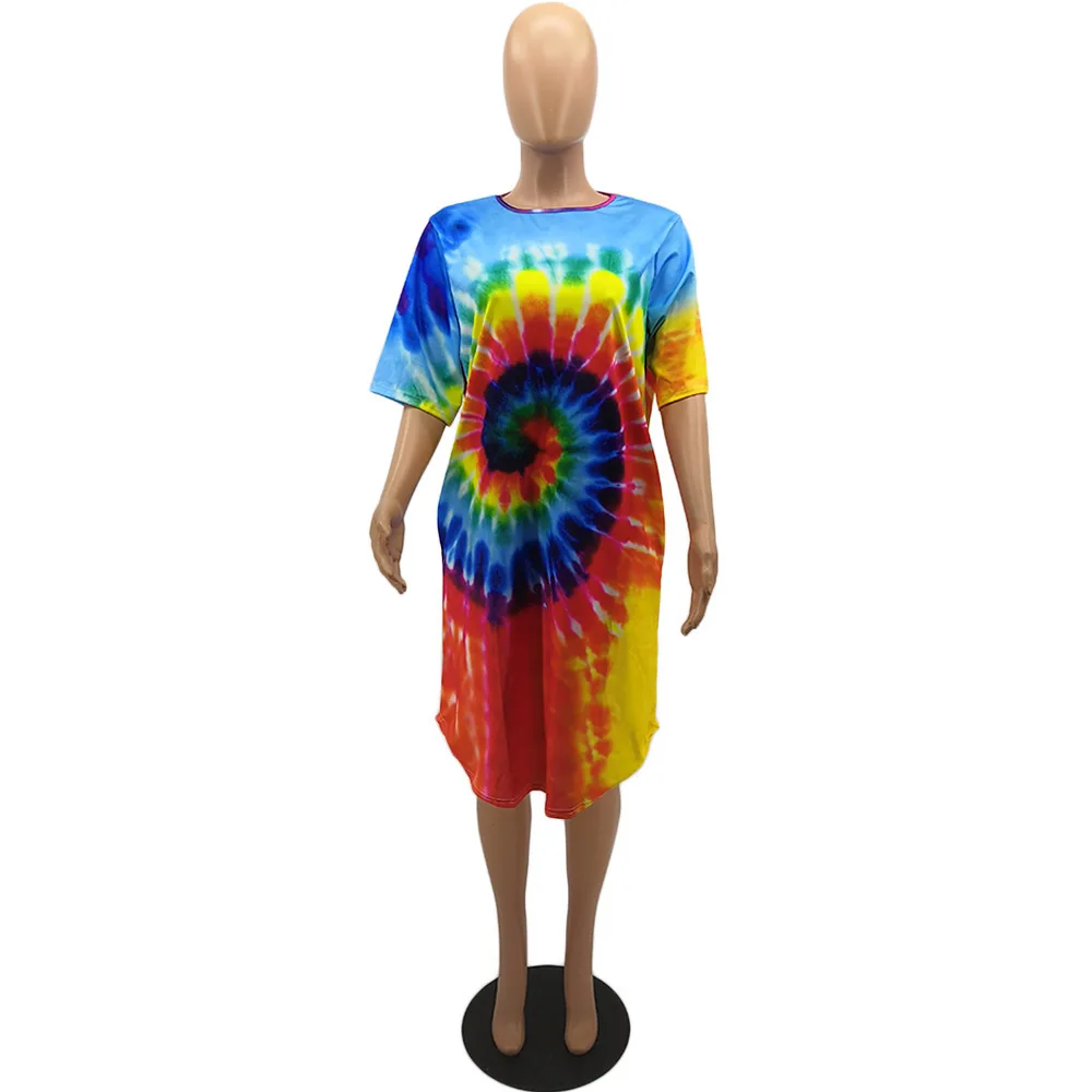Платье с принтом "Tie Dye" размера плюс, женская одежда, модное платье с карманами, Повседневная Свободная футболка, платья, уличная одежда - Цвет: light blue