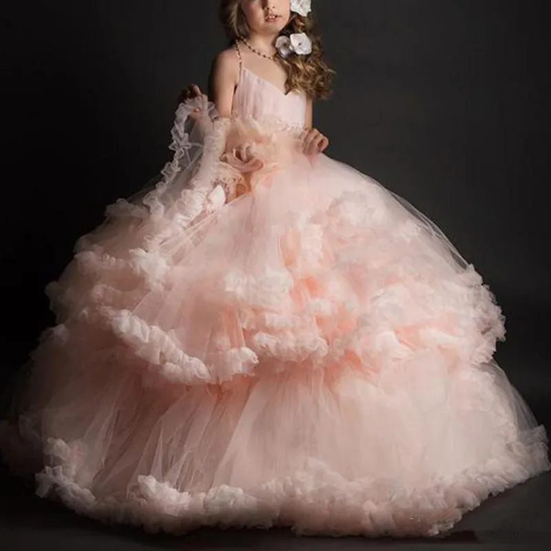 621Lovely Ball Gown Flower Girl Dresses for Vintage Wedding Spaghetti Ruffles Tutu 2019 Cheap Girls Pageant Dresses Kids Party Gowns