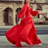 Vacation Boho Beach Dress Women 2022 Spring Summer Vintage Red V-neck Lantern Sleeve Split Pleated Long Dress Female ► Photo 2/4
