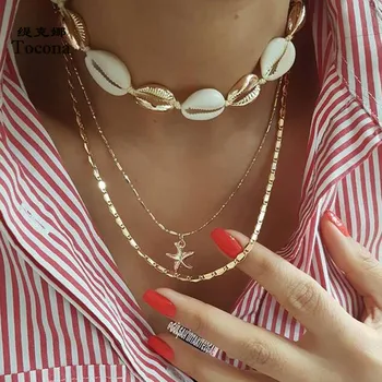 

Tocona Summer Pendant Womens Necklaces Jewelry Bohemian Starfish Shell Multi-layer Chain Chocker Jewelry Accessories C04107