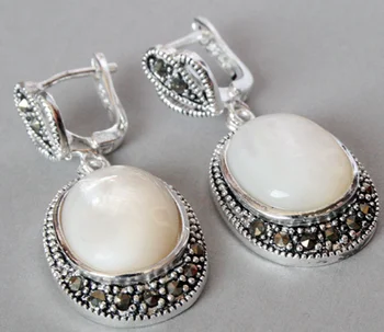 

handmade lady's 925 White Sea Shell Marcasit Earrings 11/2" natural Luxury Ms. girl Wedding Jewelry