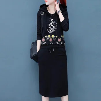 

Musical Notes Living Print Women Two Piece Outfits Hoodie+SkirtSet 2019 Autumn Winter Fashion Casual Dress Matching Sets