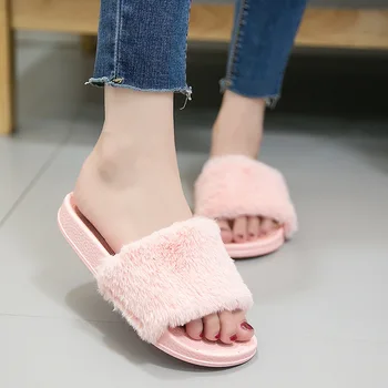 

Women Home Slippers Dropshipping Summer Autumn Faux Fur Warm Shoes Ladies Slip on Flats Cute Female Slides Casual Slides
