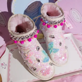 

2020 autumn and winter new handmade sequins butterfly rhinestone short tube flat sleeve warm ladies snow boots cotton boots