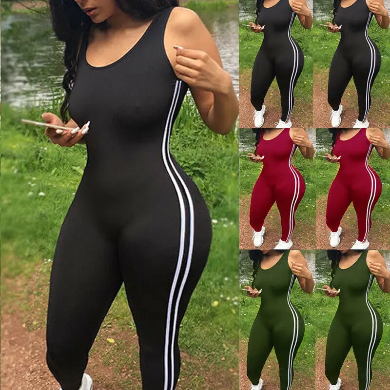 Women Jumpsuit Romper Bodycon Playsuit Clubwear Long Trousers Party Sleeveless Side Stripe Rompers Womens Jumpsuits