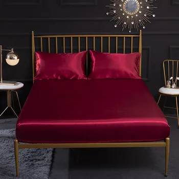 

Satin Silk Fitted Sheet Solid Soft Bed Sheets Elastic Band Drap Housse de Matela Twin Queen King Size Red