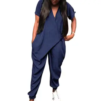 

2020 Women Solid Color Short Sleeve Front Wrapped V Neck Ankle Tied Loose Jumpsuit