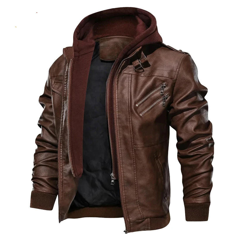 

2019 Men's Autumn Winter Motorcycle Leather Jacket Windbreaker Hooded PU Jackets Male Outwear Warm Baseball Jackets Plus Size