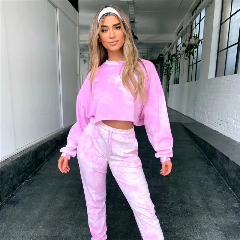 

2020 Tie Dye Women Sets Sportwear Long Sleeve Crop Tops O Neck Sweatshirts and Drawstring Long Pants Casual Loose Two Pieces Set