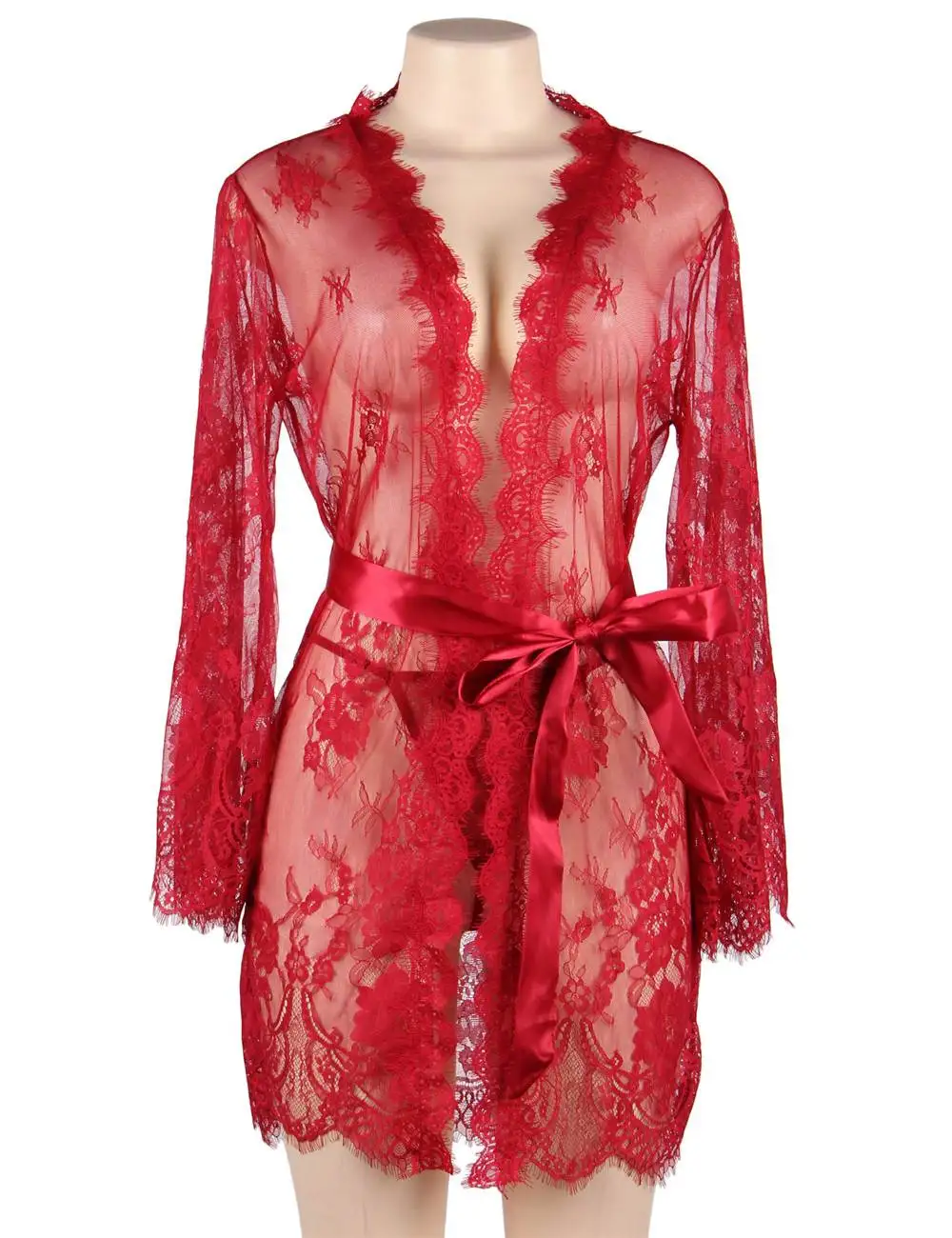 red sleepwear Цветочная ночная одежда, сексуальные халаты для подружек невесты размера плюс, с длинным рукавом, сорочка de nuit femme, с завязками на талии, халат, кружевное ночное белье RW80528 - Цвет: red sleepwear