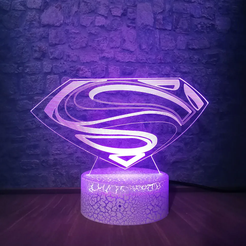 3D светодиодный DC Супермен логотип лампочки с символами, моделирующая лампа, 7 цветов, изменение иллюзии, настольный ночник, декор для комнаты, Детские вентиляторы, подарок, детская игрушка